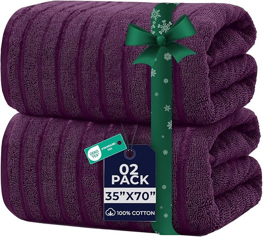 DAN RIVER Pack of 2 Bath Sheet 35x70 Inches, Oversized Ribbed Quick Dry Towel, Soft Luxury Towels for Bathroom - Purple Passion