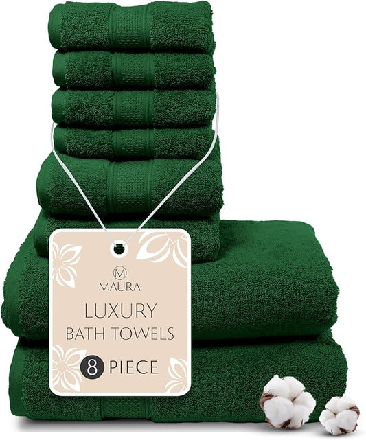 MAURA Hunter Green Bath Towel Set of 8 for Bathroom. Turkish Cotton Luxury Bath Towels. Extra Large, Thick, Plush & Soft. Hotel & Spa Quality - Dark Green
