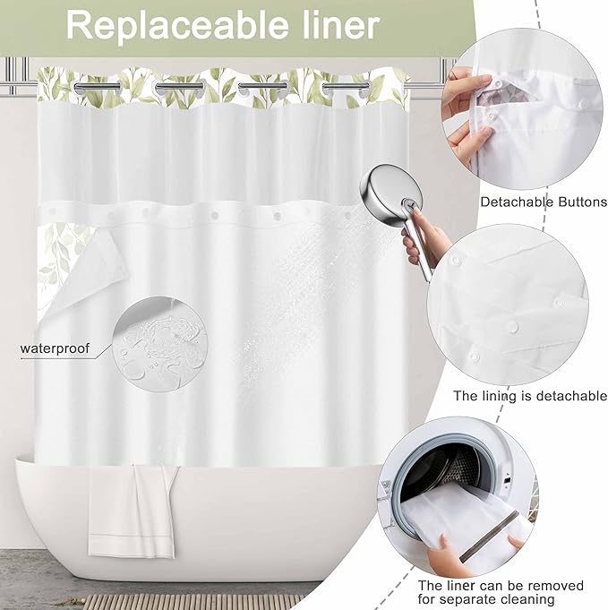 No Hook Shower Curtain and Liner Set, Beige Eucalyptus Floral Shower Curtains for Bathroom, Bath Curtain Sets with Snap in Liner, Waterproof with See Through Top Window, 71x74 Inches