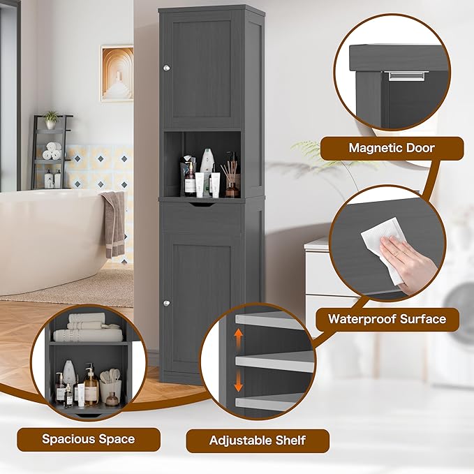 Walsunny Tall Bathroom Storage Cabinet with Freestanding Adjustable Shelves, Narrow Storage Linen Cabinet with 2 Doors and 1 Drawers for Bathroom, Living Room, Kitchen(Gray)