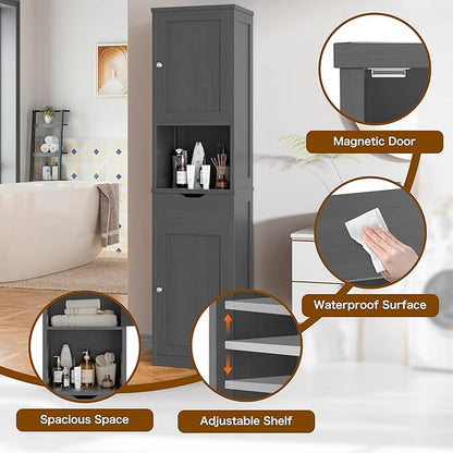 Walsunny Tall Bathroom Storage Cabinet with Freestanding Adjustable Shelves, Narrow Storage Linen Cabinet with 2 Doors and 1 Drawers for Bathroom, Living Room, Kitchen(Gray)