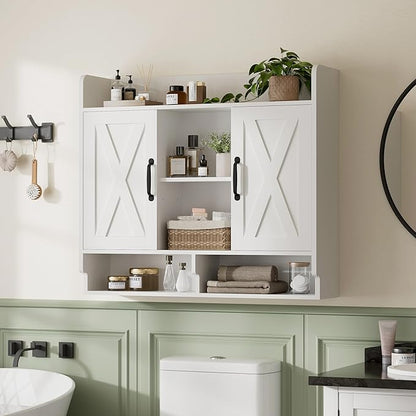 White Bathroom Wall Cabinet, Wall Mount Storage Cabinet, Floating Medicine Cabinet with 4 Open Shelves and 6 Deep Cabinets Over The Toilet for Laundry Room, Kitchen