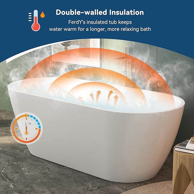 FerdY 67" Bali Elite Acrylic Freestanding Bathtub, Gracefully Shaped Freestanding Soaking Bathtub, cUPC Certified, Toe-Tap Polished White Drain & Minimalist Linear Design Overflow