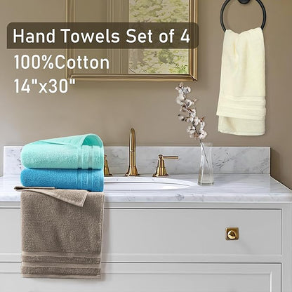 Cotton Hand Towels for Bathroom, Bath Hand Towels Set of 4 (14"x30") - Lightweight | Thick 480GSM | Soft | Absorb, Multicolor Towels for Showering & Guest Use, Brown + Pink + Turquoise + Yellow Mix