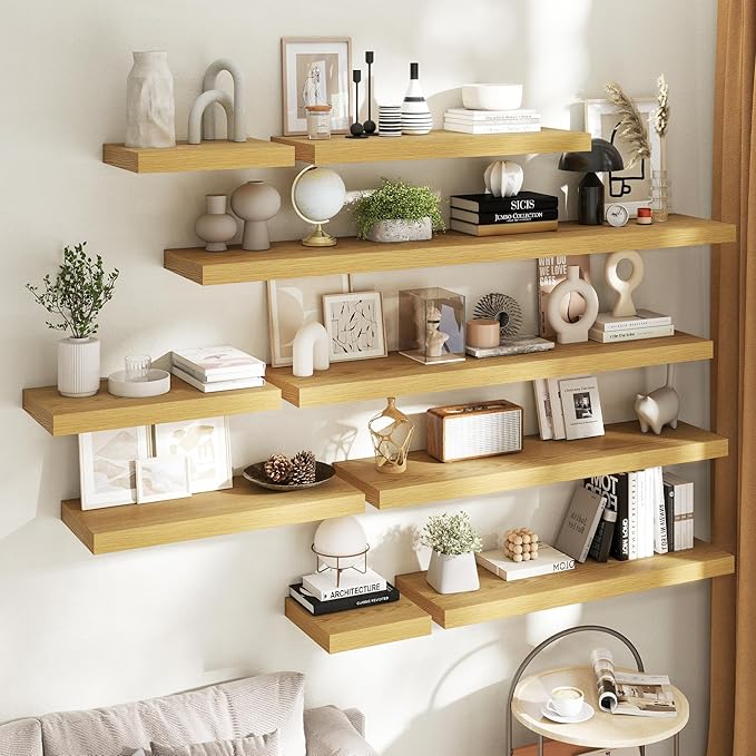 40 Inch Long Floating Shelves for Wall Set of 2, 12"D Wood Grain Bathroom Shelves with Invisible Brackets, Easy Install Engineered Wood Storage Shelves for Kitchen, Living Room, Bedroom, Oak Finish