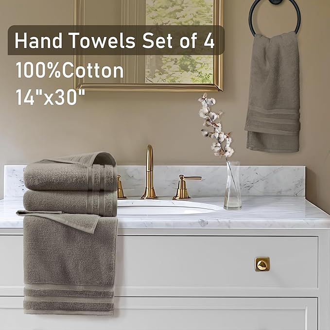Hand Towels for Bathroom (4 Pack, 14"x30") - 100% Cotton | Thick 480GSM | Light Weight | Absorbent | Soft, Fluffy Hand towel for Showering & Guest Use, Bathroom Accessories & Home Decor, Brown