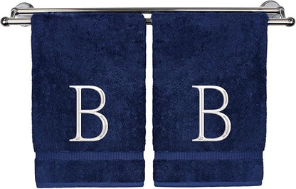 Monogrammed Hand Towel, Personalized Initial Gift, Extra Absorbent 100% Turkish Cotton - Soft Terry Finish - Set of 2 - White Block Initial B - Embroidered on Navy Blue Towels