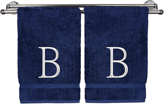 Monogrammed Hand Towel, Personalized Initial Gift, Extra Absorbent 100% Turkish Cotton - Soft Terry Finish - Set of 2 - White Block Initial B - Embroidered on Navy Blue Towels