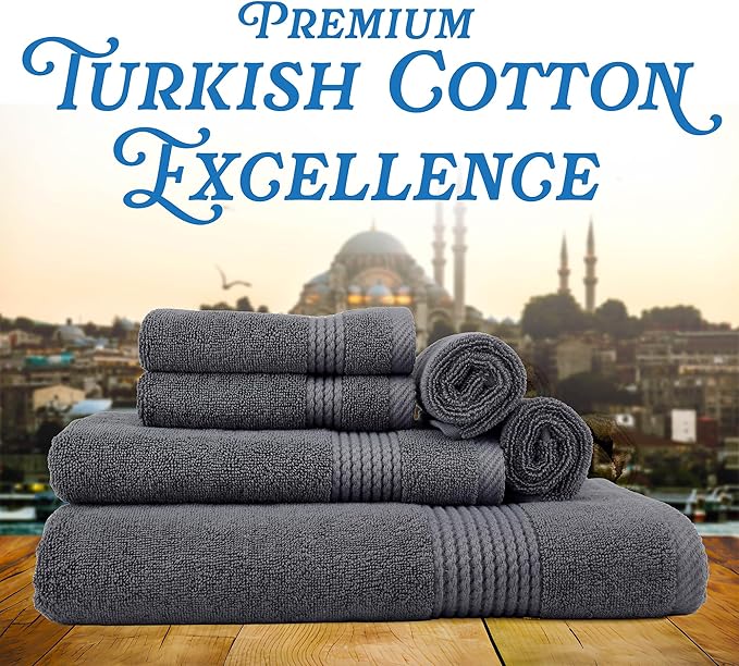 East'N Blue Lara Premium Bath Towel Set 6 Piece - Soft & Highly Absorbent Bathroom Towel Set, 100% Luxury Turkish Cotton, Flannel Bath Towels, 1 Bath Towel, 1 Hand Towel, 4 Washcloths - Dark Gray