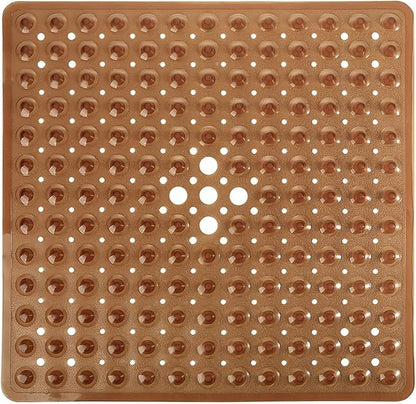 Yimobra Shower Stall Mat Non Slip, 21x21 Inch, Soft Square Bath Mat for Shower with Suction Cups and Drain Holes, Stall Floor Mats for Bathroom, Machine Washable, Bathroom Accessories,Clear Brown