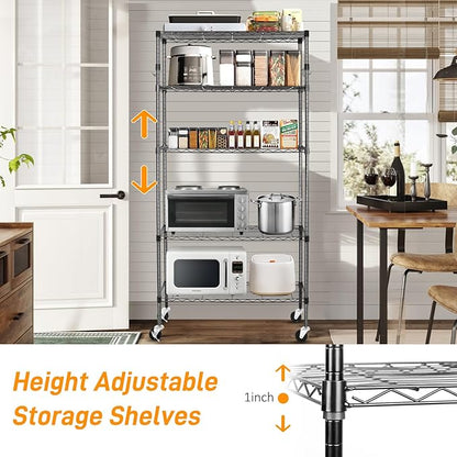 5 Tier Storage Shelves with Wheels, 1750lbs Capacity Heavy Duty Shelving Units, 14x36x75inch Adjustable Metal Shelf Wire Shelving Rack for Garage, Kitchen, Office, Black