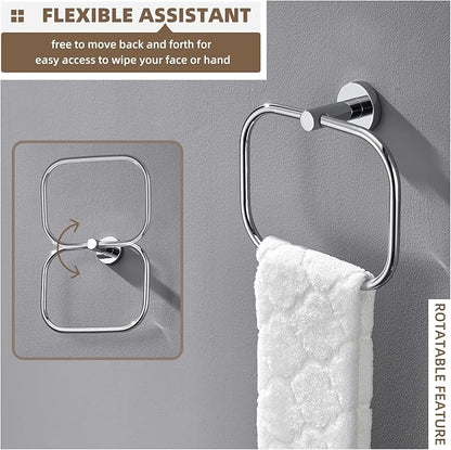 Angle Simple Swivel Towel Ring Chrome, Stainless Steel Hand Towel Rack for Bathroom Wall, Square Holder for Washcloth