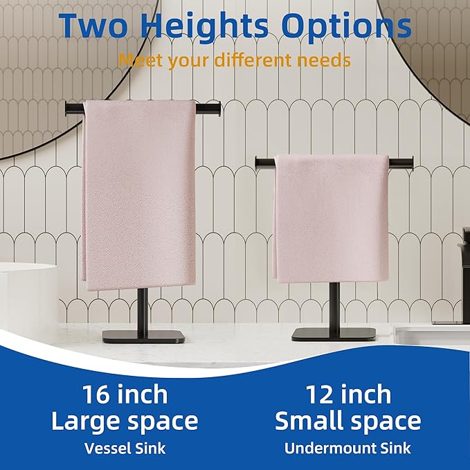RUACQ T-Shape Hand Towel Holder Stand, Weighted Base Towel Rack, Countertop Towel Holder for Bathroom, 304 Stainless Steel, Heavy Duty (Matte Black)