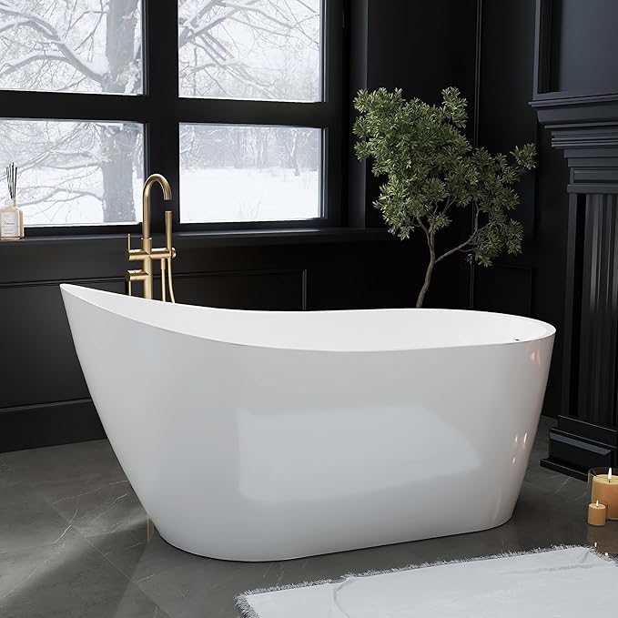 59" High-back Acrylic Freestanding Bathtubs, Stand Alone Tub, Soaking Tubs for Bathroom, Integrated Overflow and Drain, cUPC Certified, Gloss White