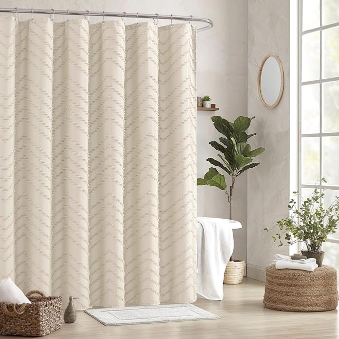 Tall Shower Curtain 78 Inches Long Beige Shower Curtain Boho Cute Chic Tufted Chevron Textured Striped Modern Minimalist Shower Curtains for Bathroom