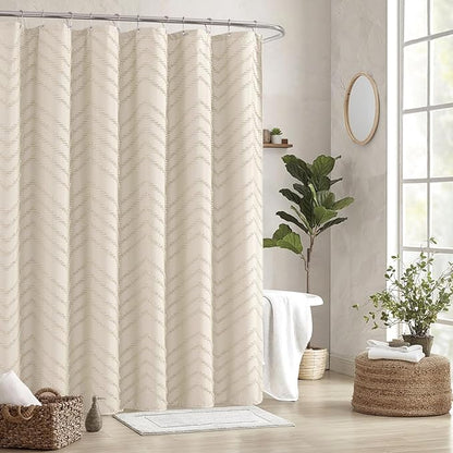 Beige Boho Shower Curtain 72 x 72 Modern Farmhouse Shower Curtain Bohemian Chic Tufted Chevron Textured Striped Minimalist Shower Curtains Woven Fabric Beige Shower Curtains