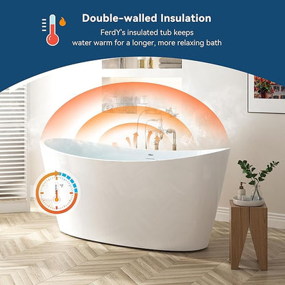 FerdY Naha Elite 59" Acrylic Freestanding Bathtub, Curve Edge Freestanding Soaking Bathtub, Glossy White, cUPC Certified, Chrome Drain & Minimalist Linear Design Overflow Included