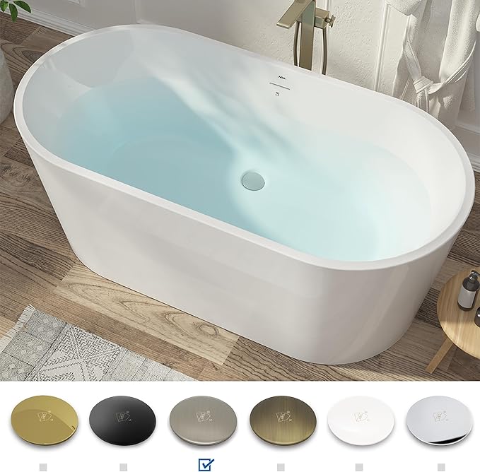 FerdY Shangri-La 59" Acrylic Freestanding Bathtub, Gracefully Shaped Soaking Bathtub, Glossy White, cUPC Certified, Brushed Nickel Drain & Minimalist Linear Design Overflow Included, 02522