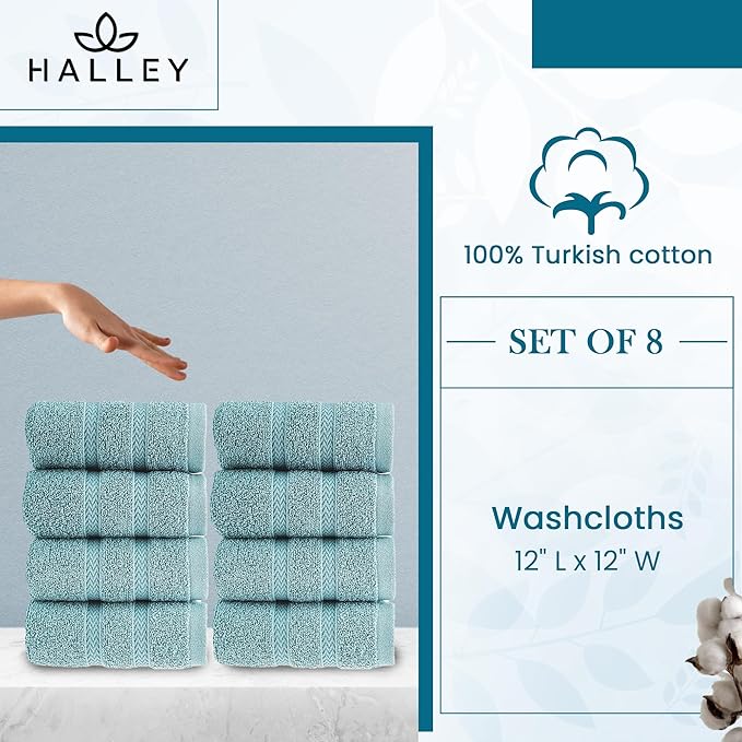 HALLEY Turkish 8 Pack Premium Washcloths (8 Pieces) 650 GSM Highly Absorbent Super Soft 100% Cotton - 8 Washcloths (Turquoise)