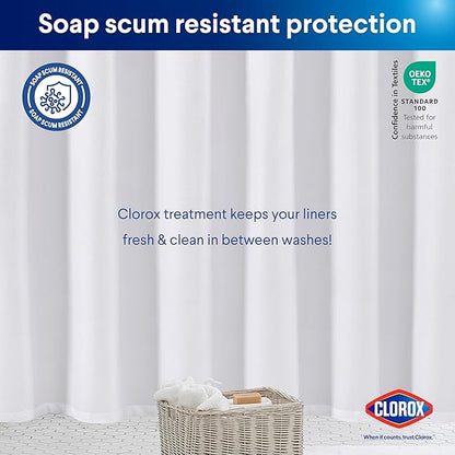 Clorox 2-in-1 Bathroom Shower Curtain Liner w Metal Hooks, Durable Fabric, Weighted Magnets for Bath Water Control, Washable Premium Quality, Modern - 72" x 72" White