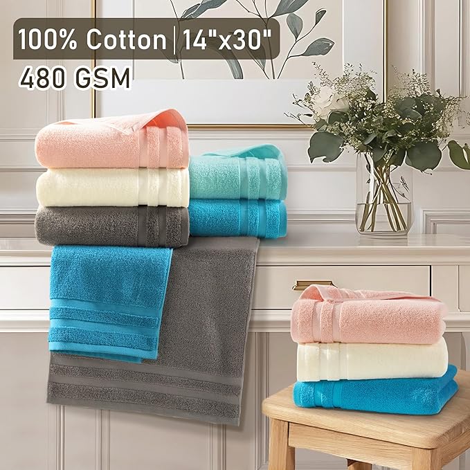 Cotton Hand Towels for Bathroom, Bath Hand Towels Set of 4 (14"x30") - Lightweight | Thick 480GSM | Soft | Absorb, Multicolor Towels for Showering & Guest Use, Brown + Pink + Turquoise + Yellow Mix