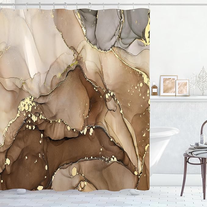 Brown Marble Shower Curtain, Modern Abstract Fabric Shower Curtains for Bathroom, Luxury Art Ink Texture Watercolor Shower Curtain Set with Hooks 72x72
