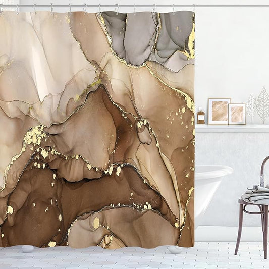 Brown Marble Shower Curtain, Modern Abstract Fabric Shower Curtains for Bathroom, Luxury Art Ink Texture Watercolor Shower Curtain Set with Hooks 72x72