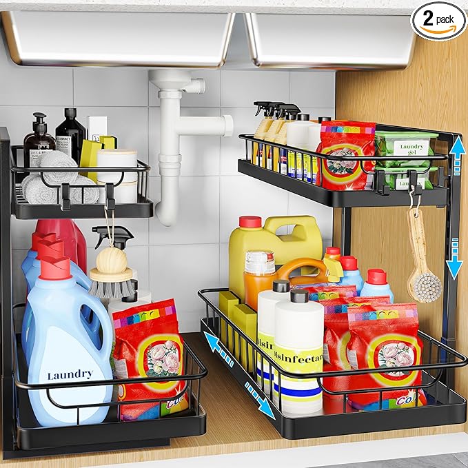 WOWBOX 2 Pack Under Sink Organizer 2 Tier Slide Out Cabinet Organizer Under Sink Organizers and Storage for Kitchen Bathroom Pantry