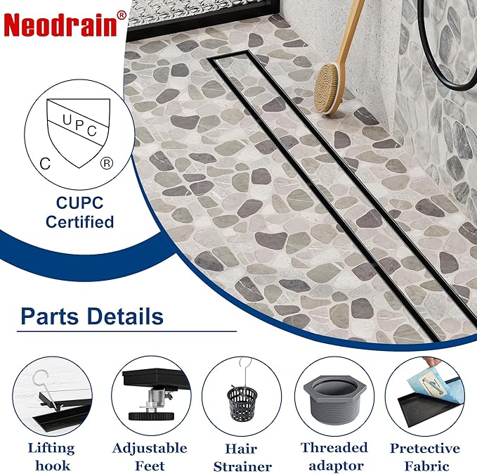 Neodrain 54-Inch Linear Shower Drain with Tile Insert Grate, Matte Black 304 Stainless Steel Rectangle Shower Floor Drain, Linear Drain with Leveling Feet, Hair Strainer