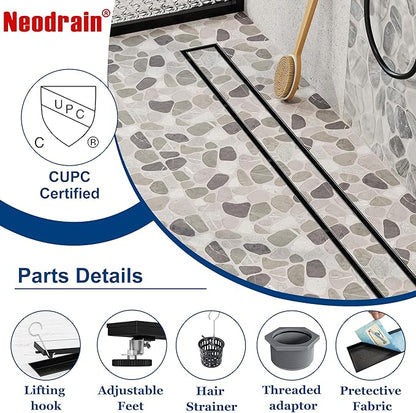 Neodrain 18-Inch Linear Shower Drain with Tile Insert Grate, Matte Black 304 Stainless Steel Rectangle Shower Floor Drain, Linear Drain with Leveling Feet, Hair Strainer