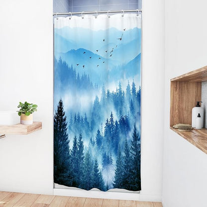 Riyidecor Stall Half Small Rv Shower Curtain 36Wx72H Inch Blue Mountain Single Stand Up Camper Camp Narrow Scenery Nature Woodland Pine Tree Bathroom Decor Fabric Polyester Waterproof 7 Pack Hooks