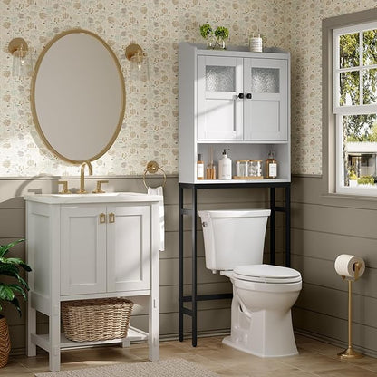 Over The Toilet Storage Cabinet, Bathroom Organizer Over Toilet with Double Doors and Soft Hinges Above Toilet Bathroom Storage Shelf Over The Toilet Storage (Gray)