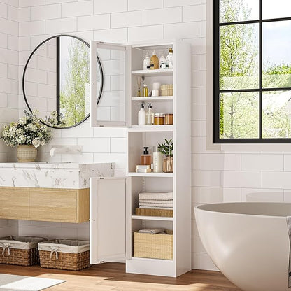 Narrow Glass Door Storage Cabinet Tall Metal Storage Cbinets with 4 Adjustable Shelves Freestanding 5 Tier Slim Pantry Cabinet for Kitchen Office Small Space