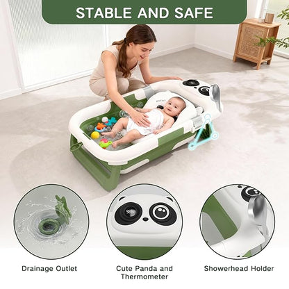 Collapsible Baby Bathtub for Newborn to Toddler (0-24 Months), Portable Baby Bath Tub for Travel, Newborn Bathtub with Soft and Supportive Cushion (Panda-Green)