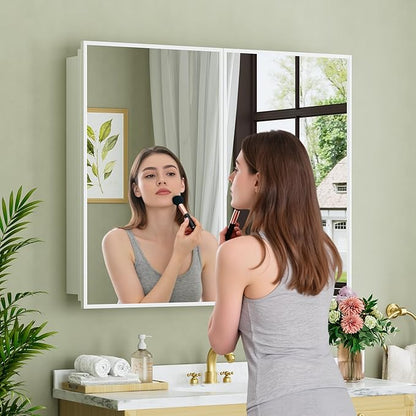 Buruis 36" x 30" Framed Medicine Cabinet with Mirror, Recessed or Wall Mounted Bathroom Cabinet, Adjustable Tempered Glass Shelves, Left/Right Open Reversible, No Assembly Required, White