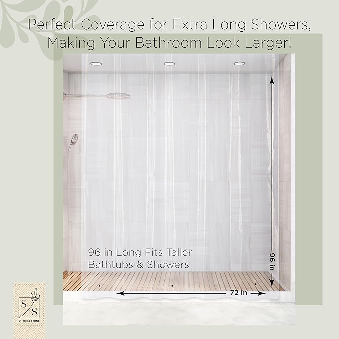 Stitch & Stone Shower Curtain Liner, Premium Medium Weight Durable Waterproof 6g PEVA for Bathroom with Weighted Magnets, Extra Long 72" x 96", Clear 1 Pack