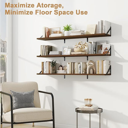 Fun Memories Extra Long Floating Wall Shelves, 48 x 8 Inches, Set of 3 Large Wood Floating Bookshelves with Metal Brackets for Storage & Display (Walnut)