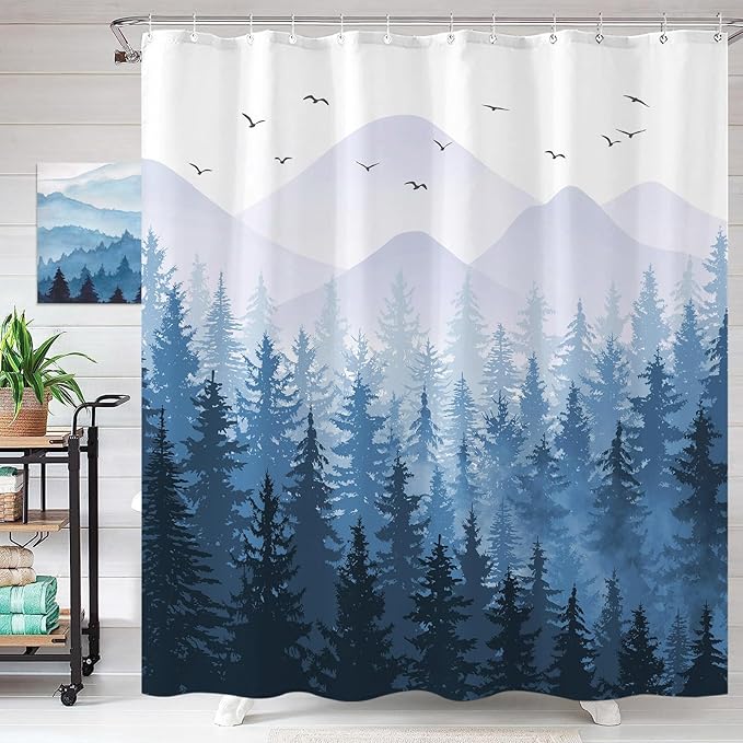 Aipon Blue Misty Forest Shower Curtain Ombre Nature Tree Plants Shower Curtains Fabric Waterproof Mountain Shower Curtain Sets for Bathroom Bath Decor with 12 Hooks (Blue, 72'' × 72'')