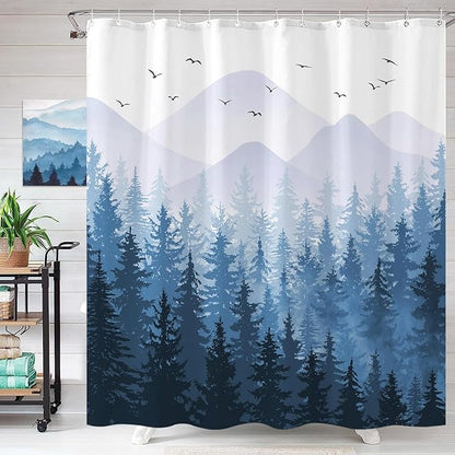 Aipon Blue Misty Forest Shower Curtain Ombre Nature Tree Plants Shower Curtains Fabric Waterproof Mountain Shower Curtain Sets for Bathroom Bath Decor with 12 Hooks (Blue, 72'' × 72'')
