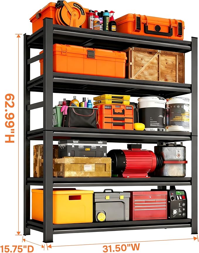 Garage Metal Shelving Unit, Heavy Duty Storage Shelf, 5-Tier Adjustable Racks for Garage, Industrial Shelves for Organization, Black