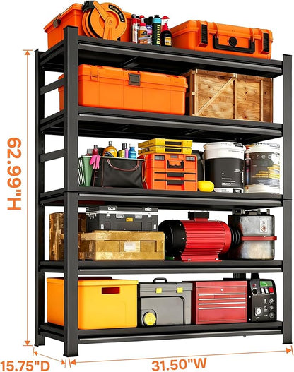 Garage Metal Shelving Unit, Heavy Duty Storage Shelf, 5-Tier Adjustable Racks for Garage, Industrial Shelves for Organization, Black