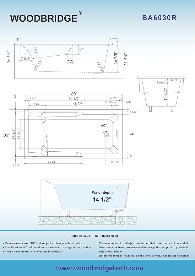 WOODBRIDGE 60" Acrylic Rectangular Alcove Soaking Bathtub in White with Right Drain, Chrome Pop-Up Drain Included BA6030R