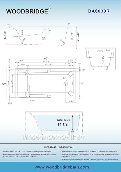 WOODBRIDGE 60" Acrylic Rectangular Alcove Soaking Bathtub in White with Right Drain, Chrome Pop-Up Drain Included BA6030R
