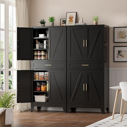 Metal Storage Cabinet with Drawer, 71" Tall Storage Cabinets with Adjustable Shelves,Black Farmhouse Freestanding Kitchen Pantry Cabinet for Dining Room, Living Room