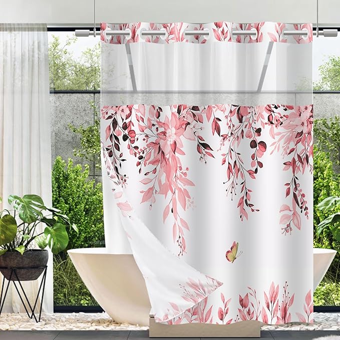 No Hook Shower Curtain and Liner Set, Pink Eucalyptus Floral Shower Curtains for Bathroom, Bath Curtain Sets with Snap in Liner, Waterproof with See Through Top Window, 71x74 Inches