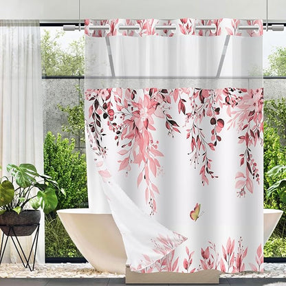 No Hook Shower Curtain and Liner Set, Pink Eucalyptus Floral Shower Curtains for Bathroom, Bath Curtain Sets with Snap in Liner, Waterproof with See Through Top Window, 71x74 Inches