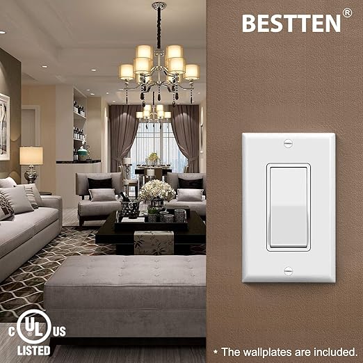 BESTTEN 30 Pack Single Pole Decorator Light Switch, Rocker Paddle Wall Switch, On/Off Interrupter, w/Wall Plate, 15A 120/277V, UL Listed, White