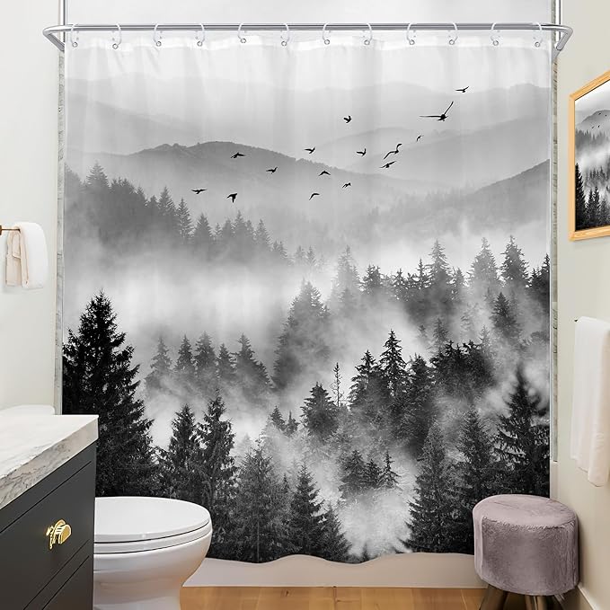 Riyidecor Extra Long Black and White Shower Curtain 72Wx84H Inch Misty Nature Mountain Tree Foggy Scene Alpine Natural Botanical View Pine Wood Bathroom Decor Fabric Polyester Waterproof 12 Pack Hooks