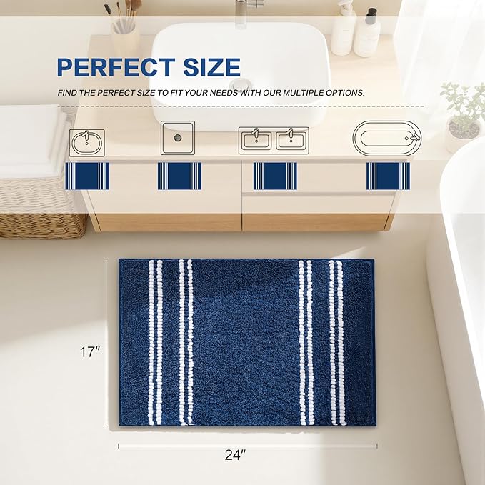 Kmson Bathroom Rugs Mat, 17"x24" Ultra Soft Washable Shaggy Chenille Bath Rugs, Non-Slip Fluffy Thick Water Absorbent Microfiber Mat for Bathtub, Sink and Shower, Navy Blue