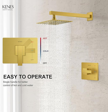 KENES Brushed Gold Shower Faucet, Modern Square 10-Inch Shower Head and Handle Set, Bathroom Rainfall Shower System Wall Mount, KE-6024B-4 (Including Shower Valve)